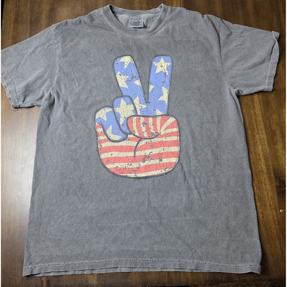 Comfort Colors Patriotic Peace Sign T Shirt Large Gray USA Flag Graphic Tee